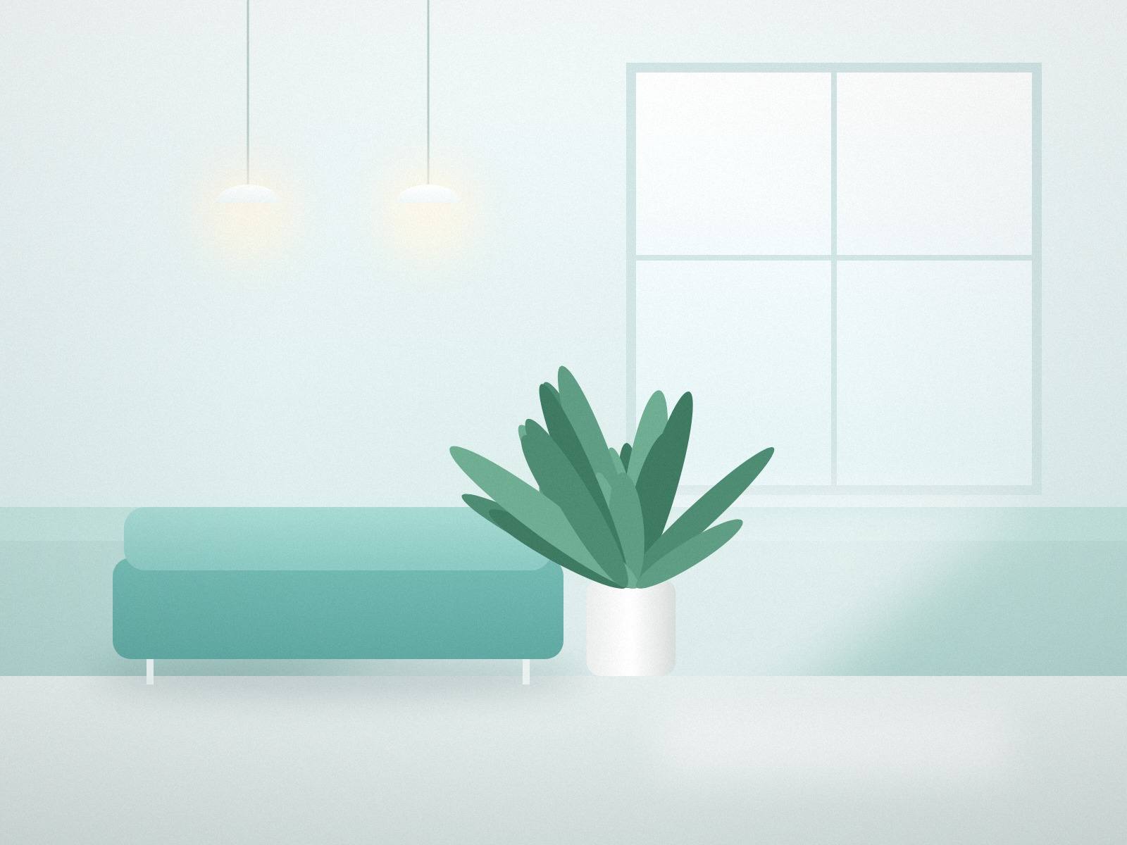 Illustrative sample image for a fictional website concept: a bright, calm dental lounge with soft teal seating, a large window, and natural light.