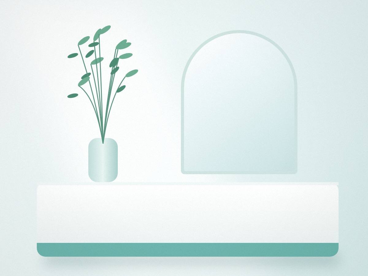 Illustrative sample image for a fictional website concept: a clean white reception desk with an arched mirror and fresh green stems.