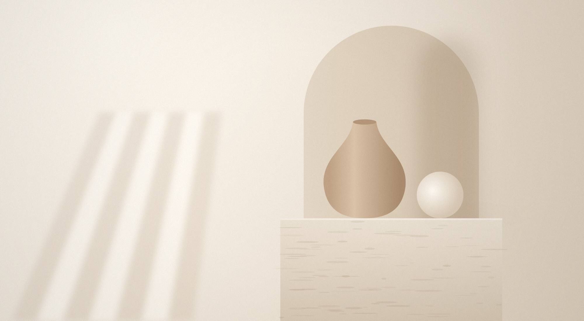 Illustrative sample image for a fictional website concept: a warm neutral still life with a ceramic vessel and sphere on a travertine plinth in soft light.