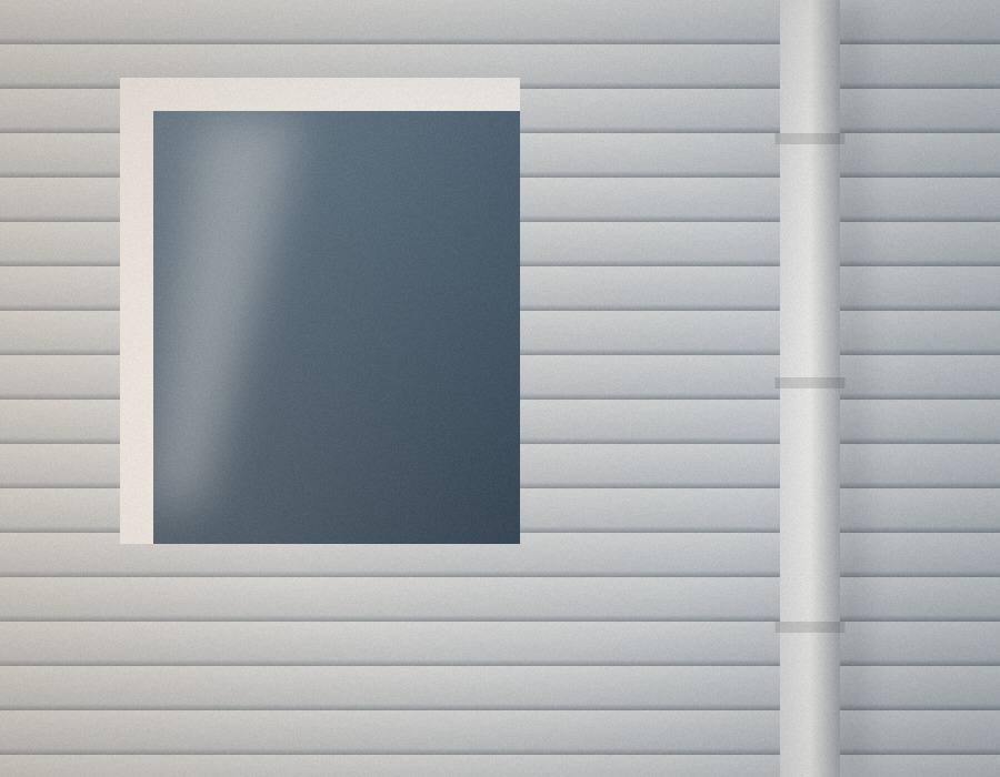 Illustrative sample image for a fictional website concept: light gray lap siding with a window and a white downspout.